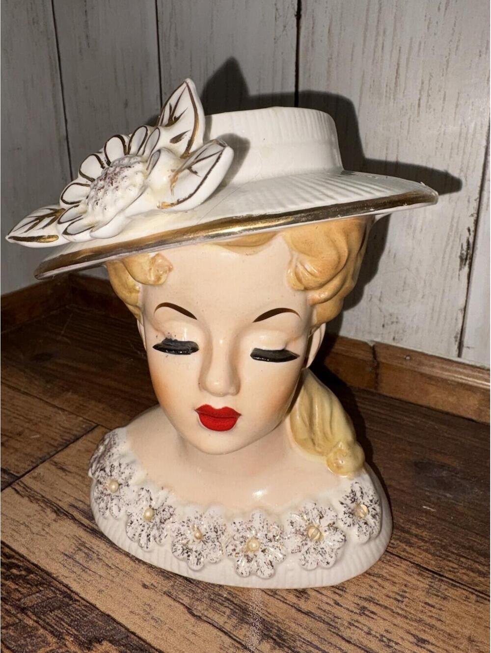 Vtg Lady Head Vase White w/Gold Accents Blonde in Hat Eyelashes NO EARRINGS #501